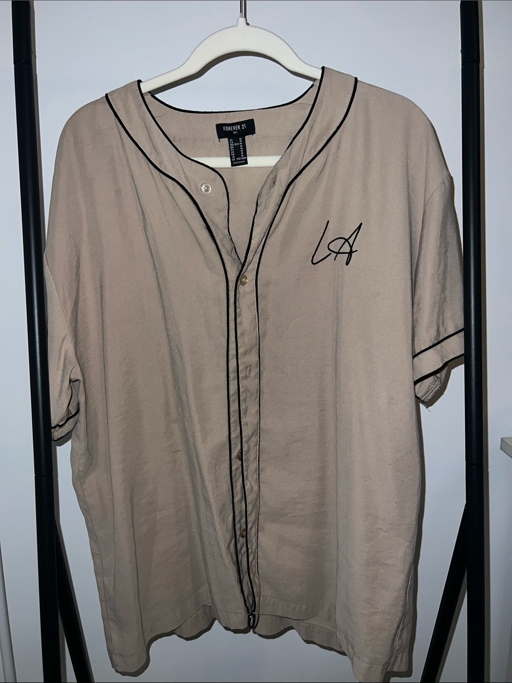 Forever 21 Beige Button-Up Baseball Shirt with Black Trim